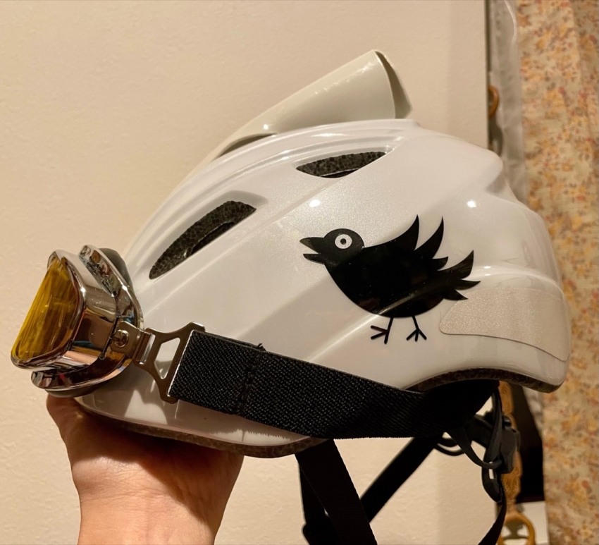 ヘルメットに貼られたカラスのイラストのカッティングシート