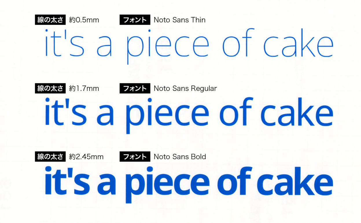 フォントの太さによりデザインの印象は大きく異なる（実写）